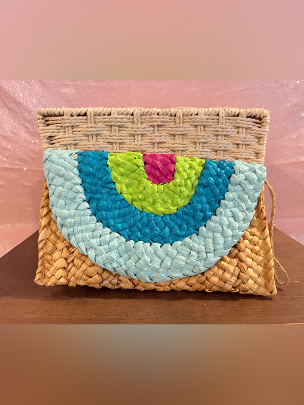 Woven Straw Clutch with Blue, Lime & Pink Accents
